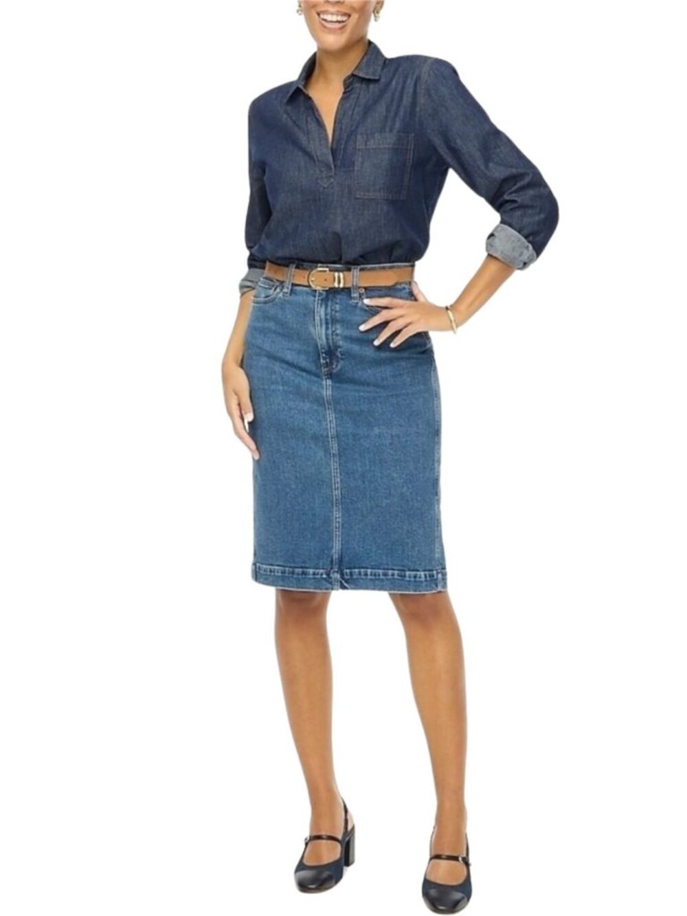 NWT J.Crew Factory Denim Pencil Midi Skirt Stretch Sz 10 BY052 Classic
